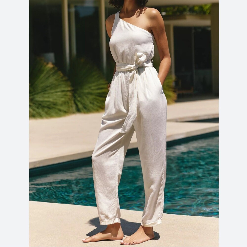 Anthropologie Celandine One-Shoulder Jumpsuit Dress Straight Leg White L 291071
